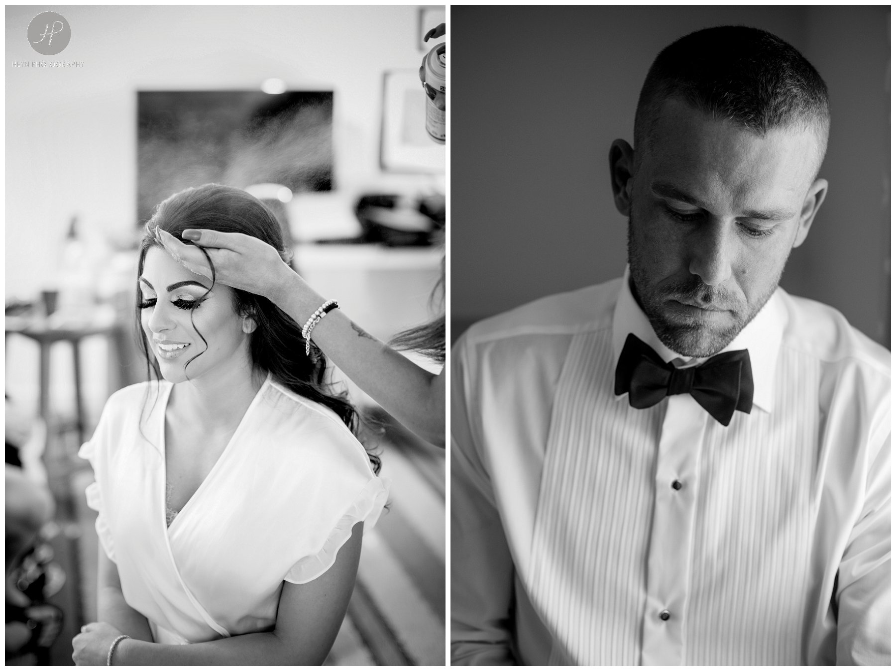 black and white photo of bride and groom getting ready before palace at somerset park wedding