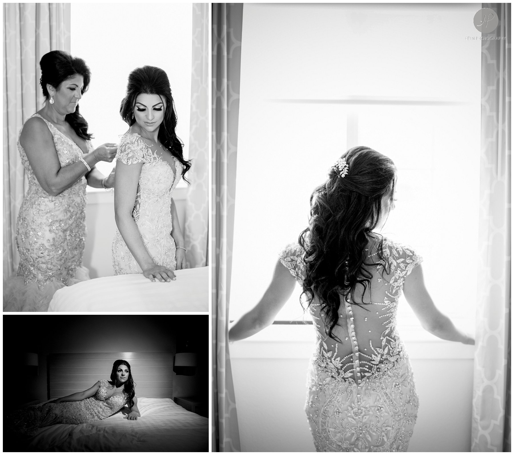 black and white photo bride getting ready before palace at somerset park wedding