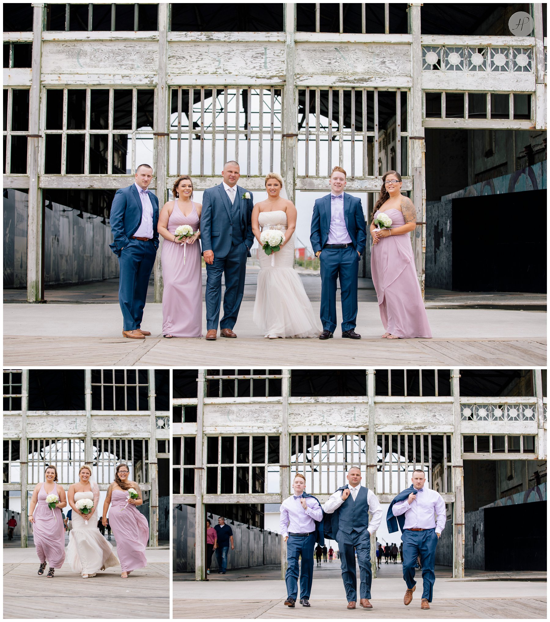 bridal party in pink and navy at asbury park before salt creek grille wedding in new jersey 