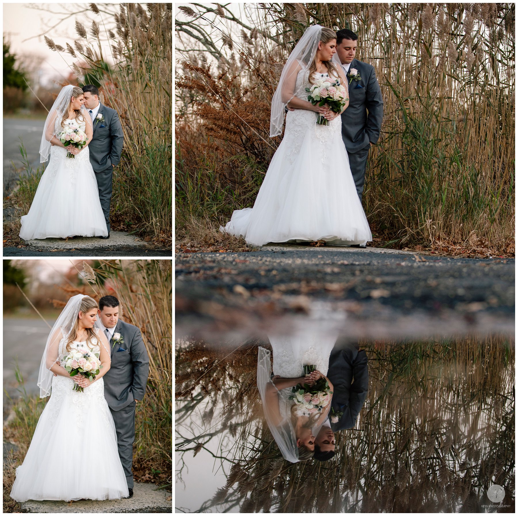 bride and groom in tall grass before south gate manor wedding in new jersey