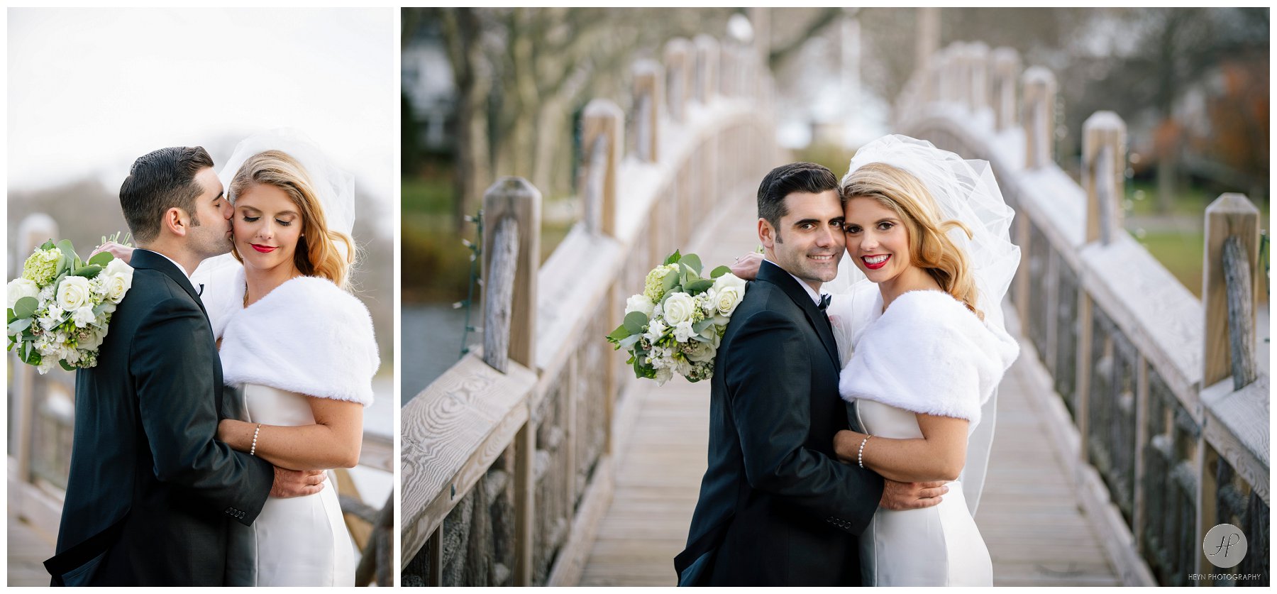 bride and groom on bridge for spring lake bath and tennis club wedding in new jersey 