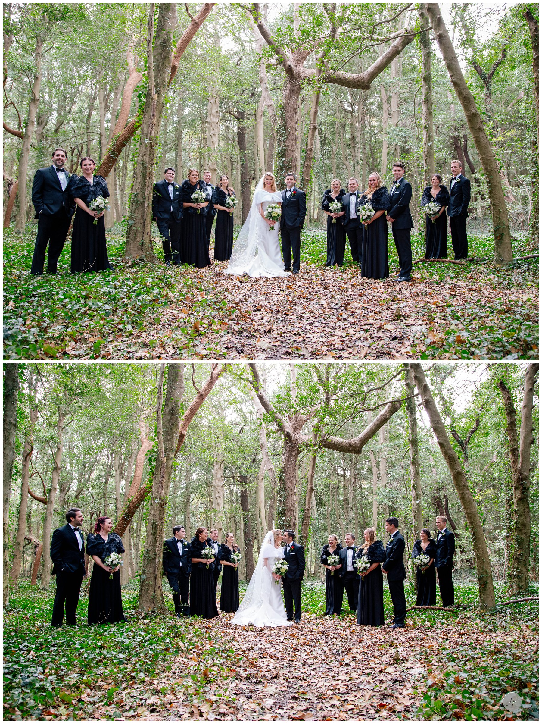 bridal party in woods for spring lake bath and tennis club wedding in new