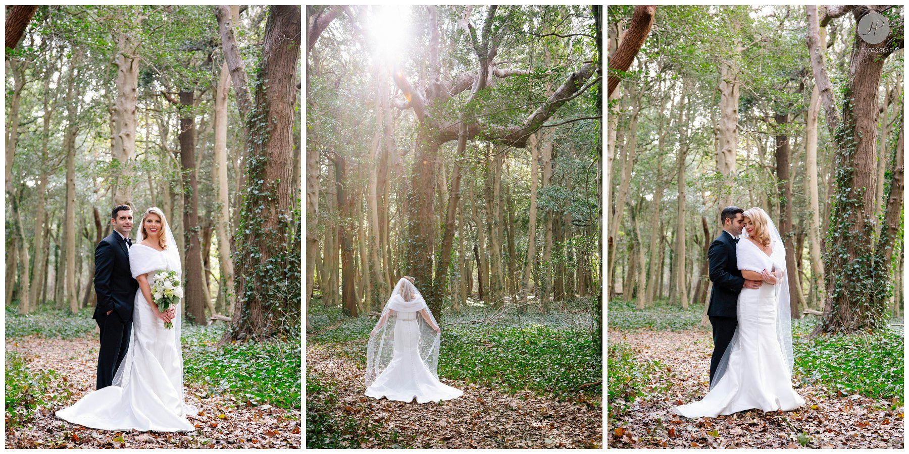 bride and groom in woods for spring lake bath and tennis club wedding in new