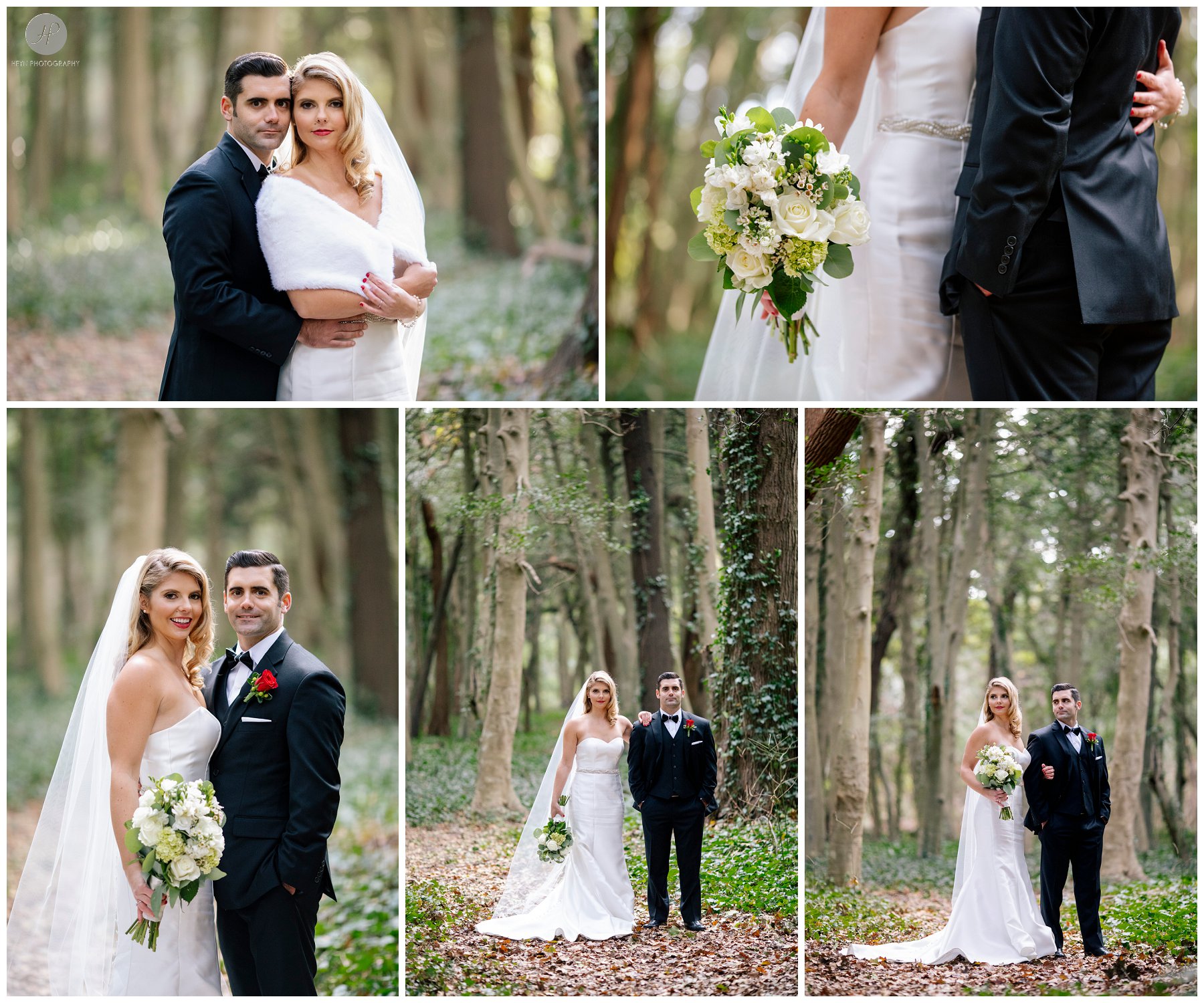bride and groom in woods for spring lake bath and tennis club wedding in new