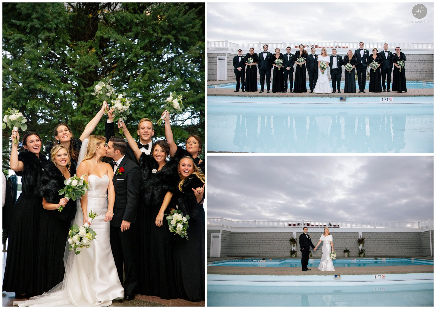 bridal party by pools for spring lake bath and tennis club wedding in new jersey