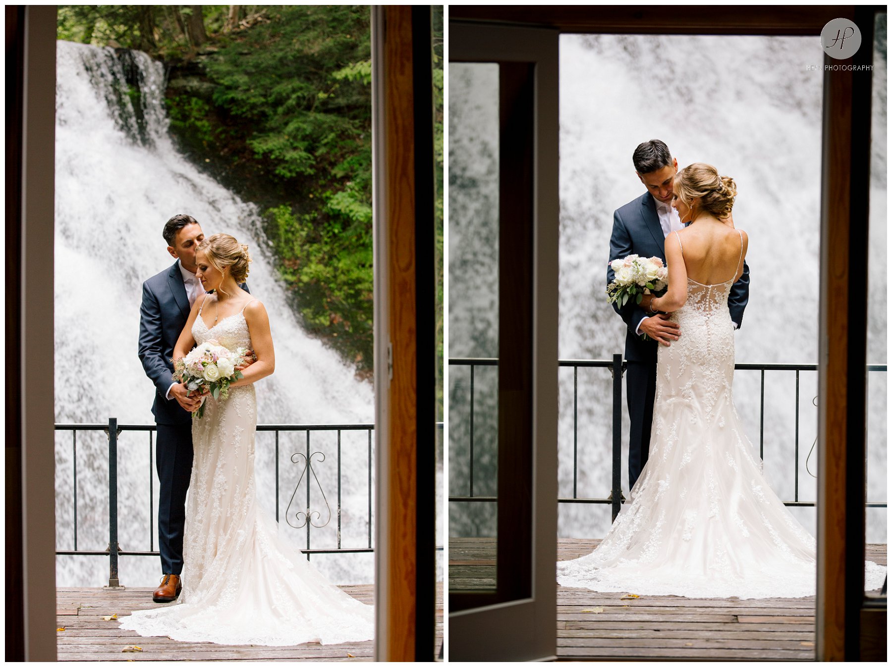 bride and groom together by waterfall at stone tavern farm wedding in the catskills new york