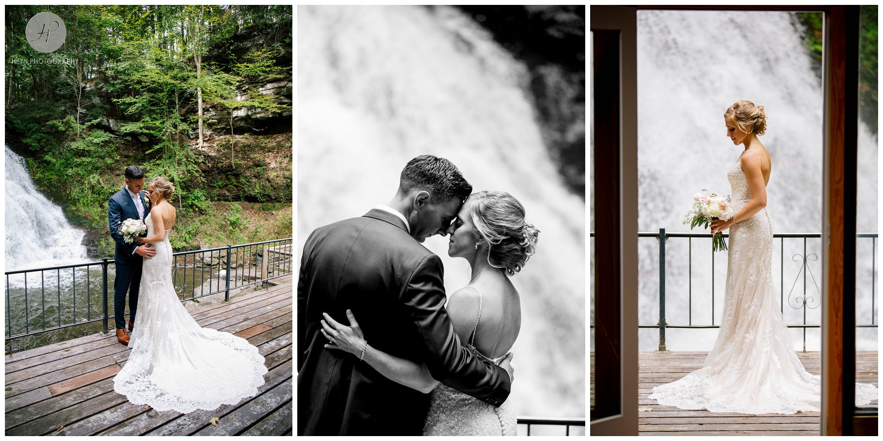 bride and groom by waterfall at stone tavern farm wedding in the catskills new york