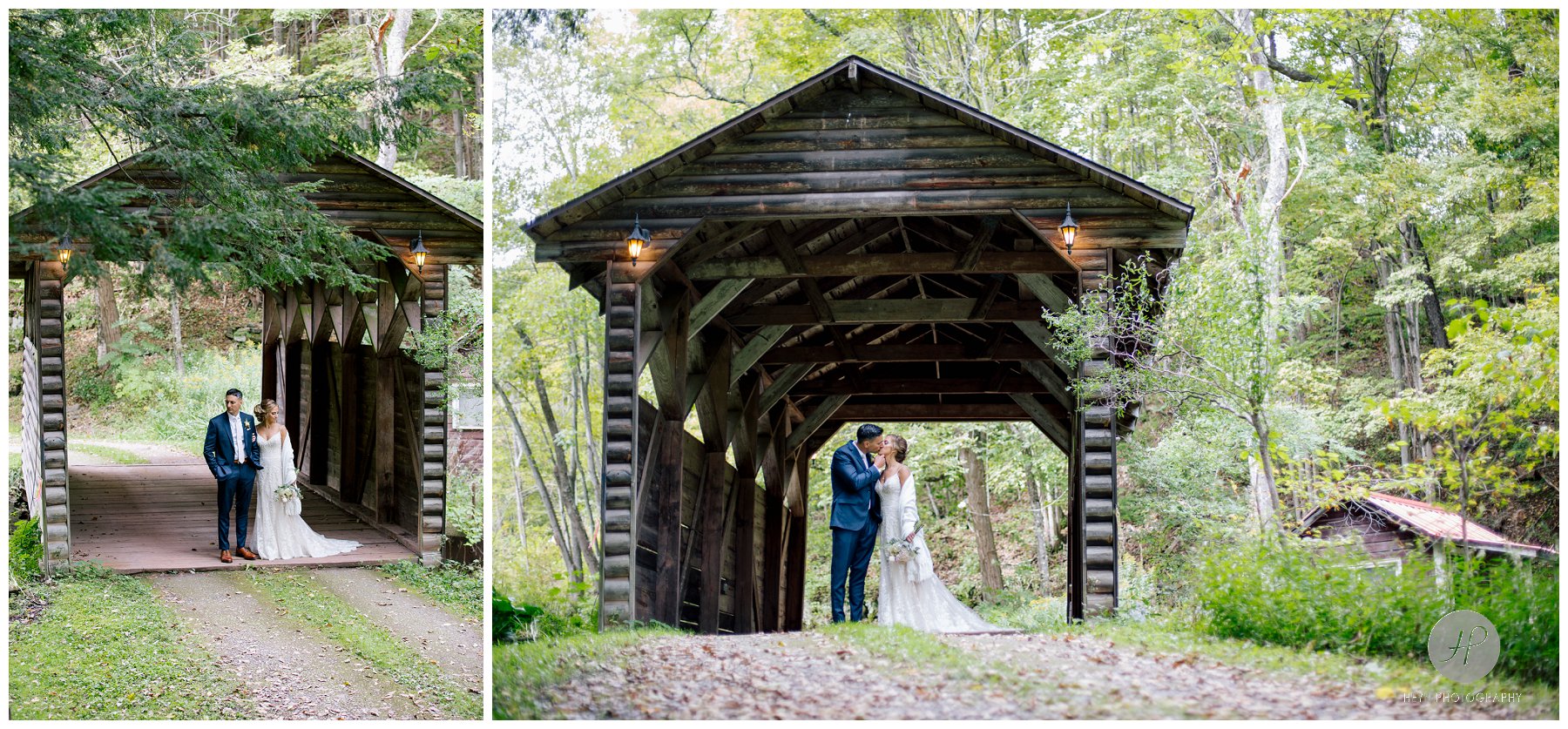 bride and groom by covered bridge at stone tavern farm wedding in the catskills new york