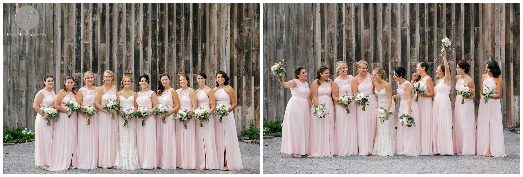 bridesmaids by barn at stone tavern farm wedding in the catskills new york