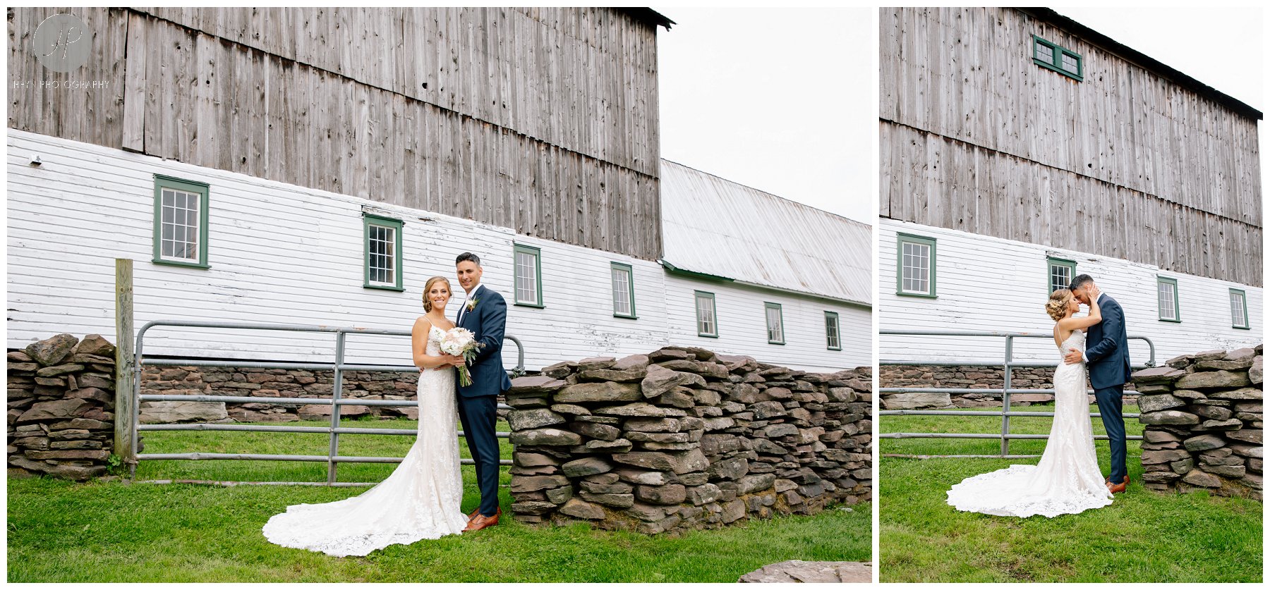 bride and groom by barn at stone tavern farm wedding in the catskills new york