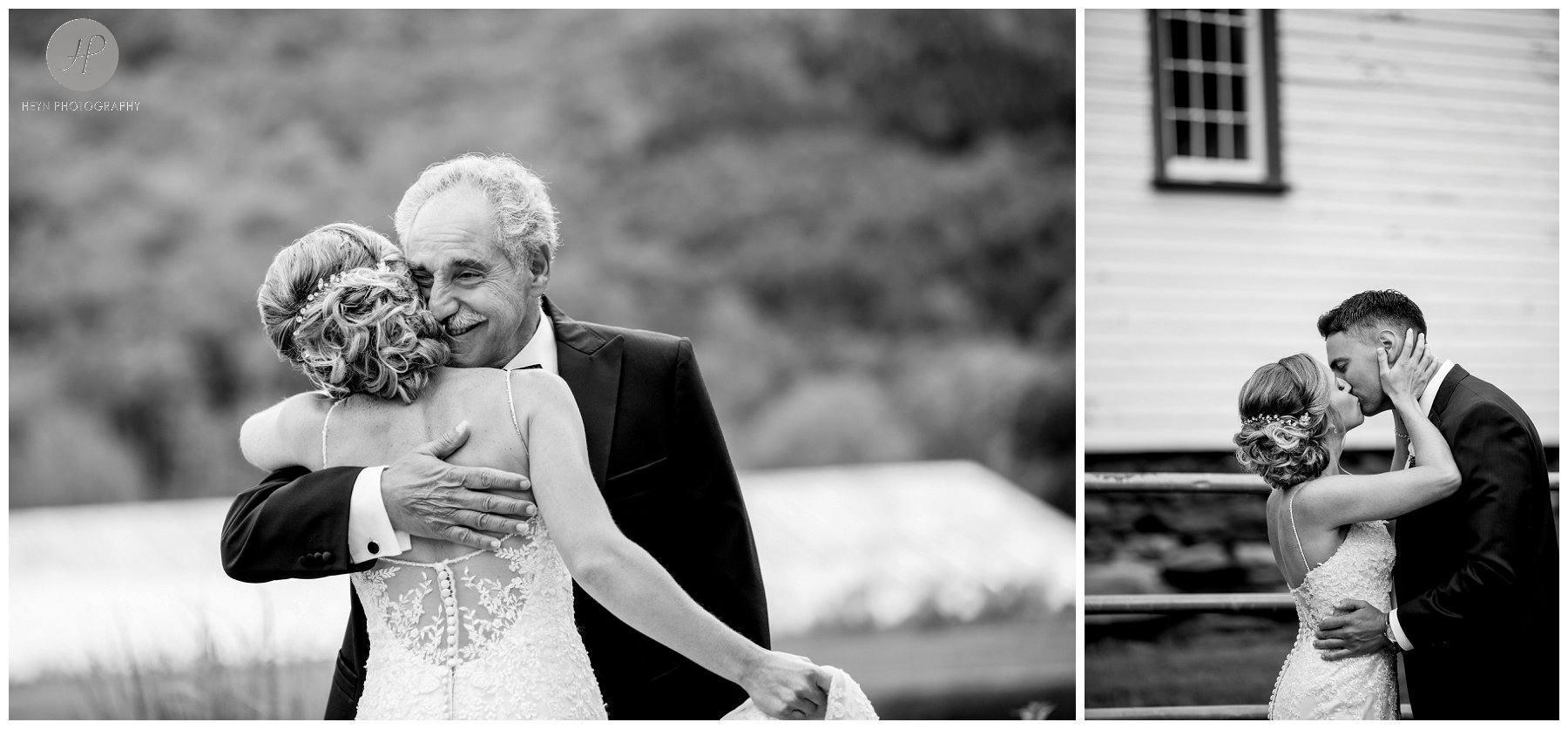 black and white of brides first look with dad at stone tavern farm wedding in the catskills new york