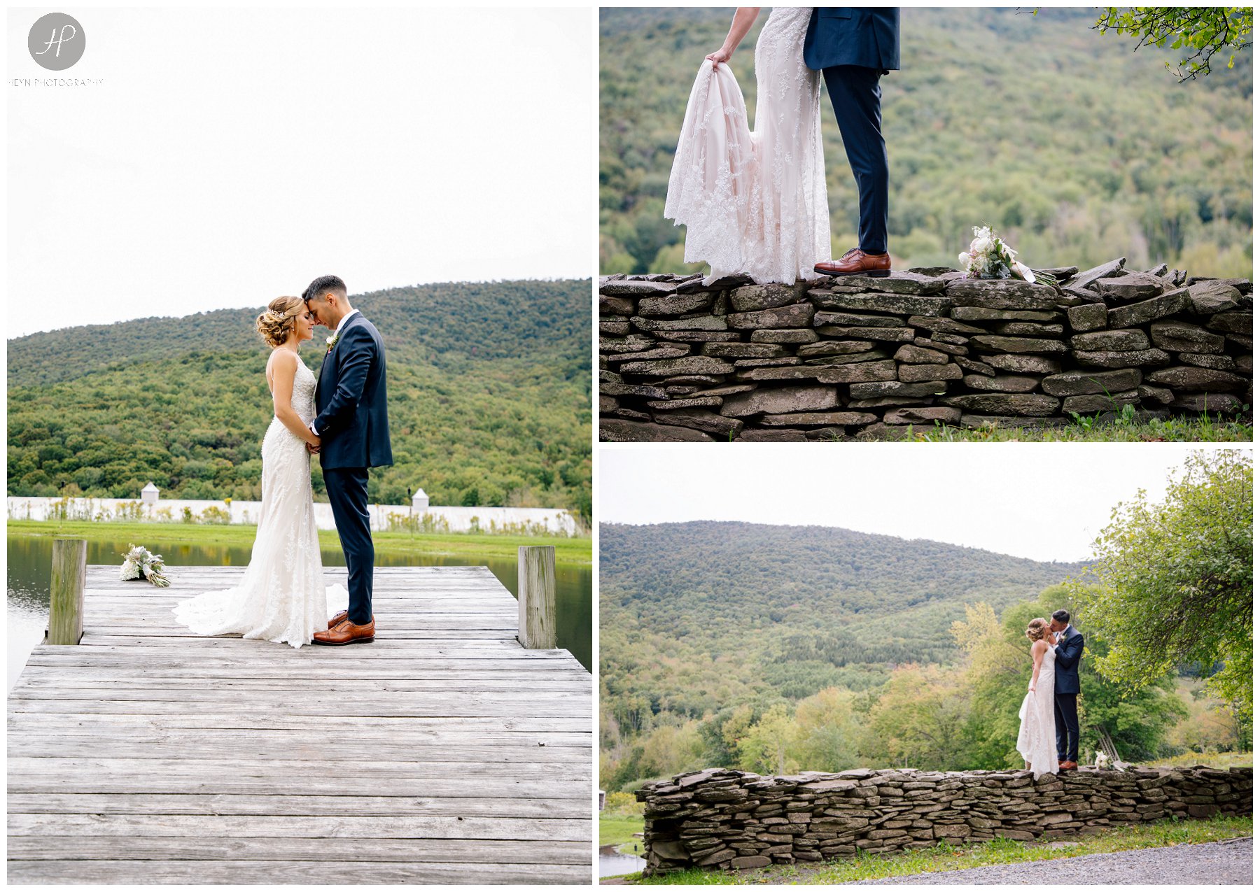 bride and groom on wall at stone tavern farm wedding in the catskills new york