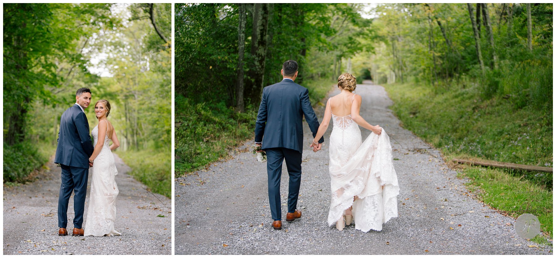 bride and groom walking on dirt road at stone tavern farm wedding in the catskills new york