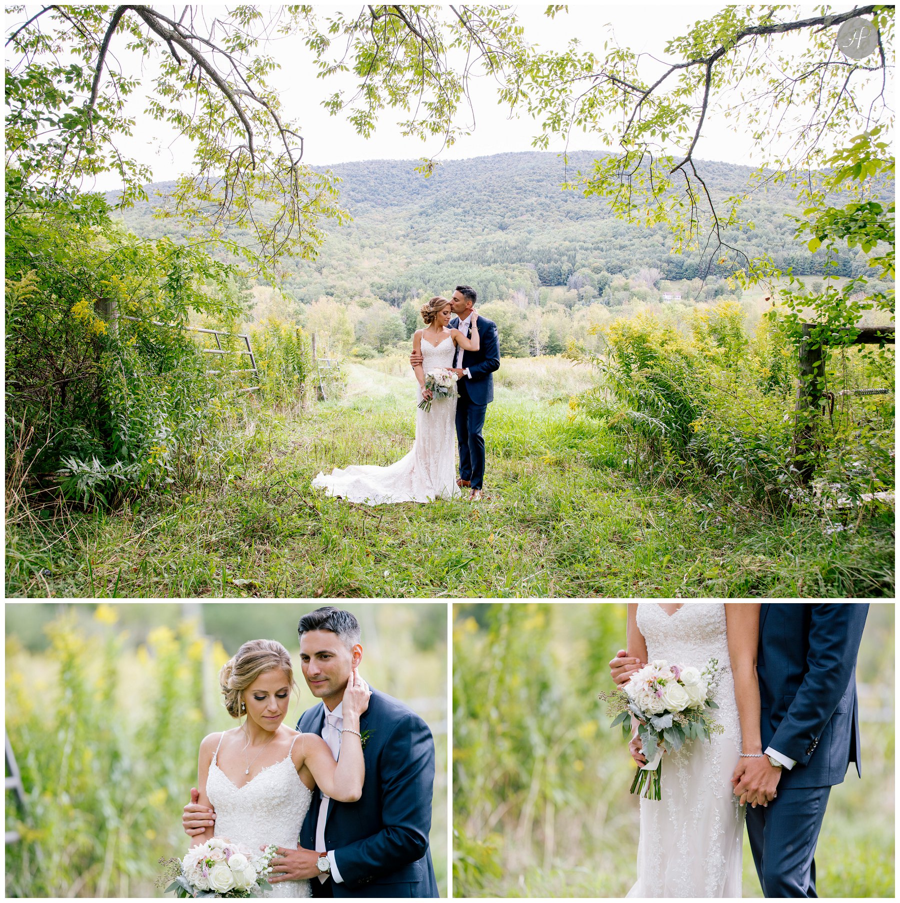 bride and groom in field of tall grass at stone tavern farm wedding in the catskills new york