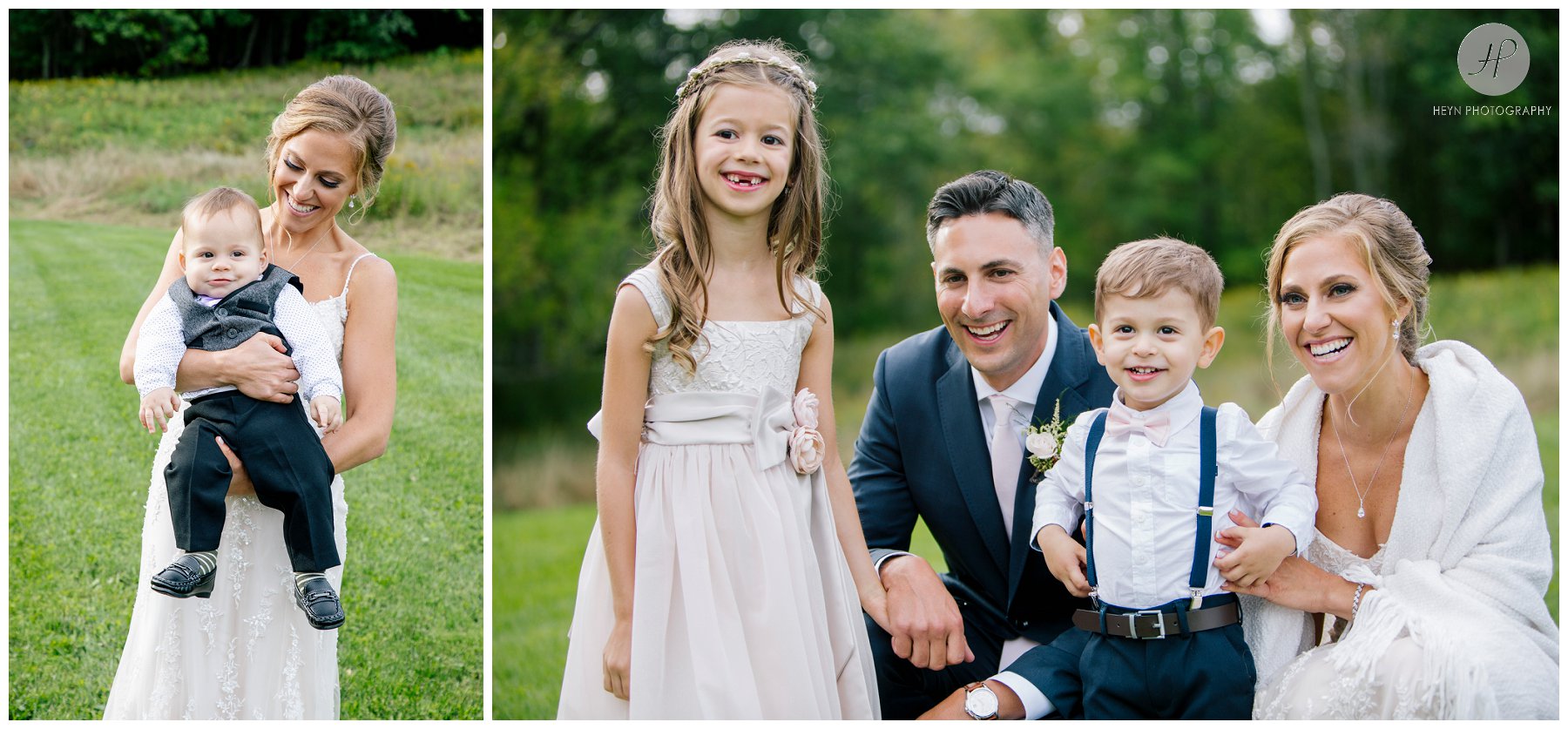 bride and groom with flowergirl at stone tavern farm wedding in the catskills new york