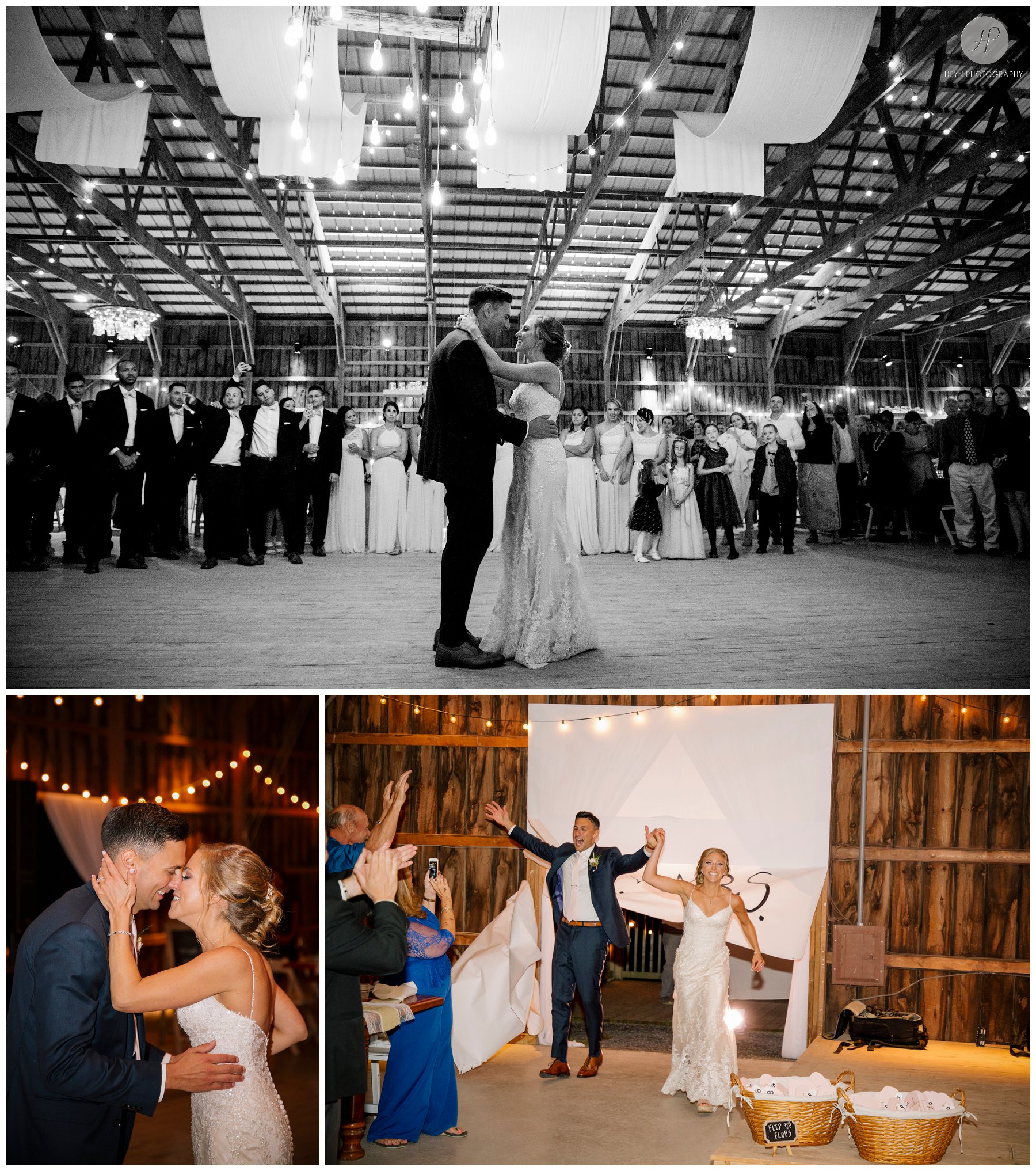 bride and groom first dance at barn reception at stone tavern farm wedding in the catskills new york