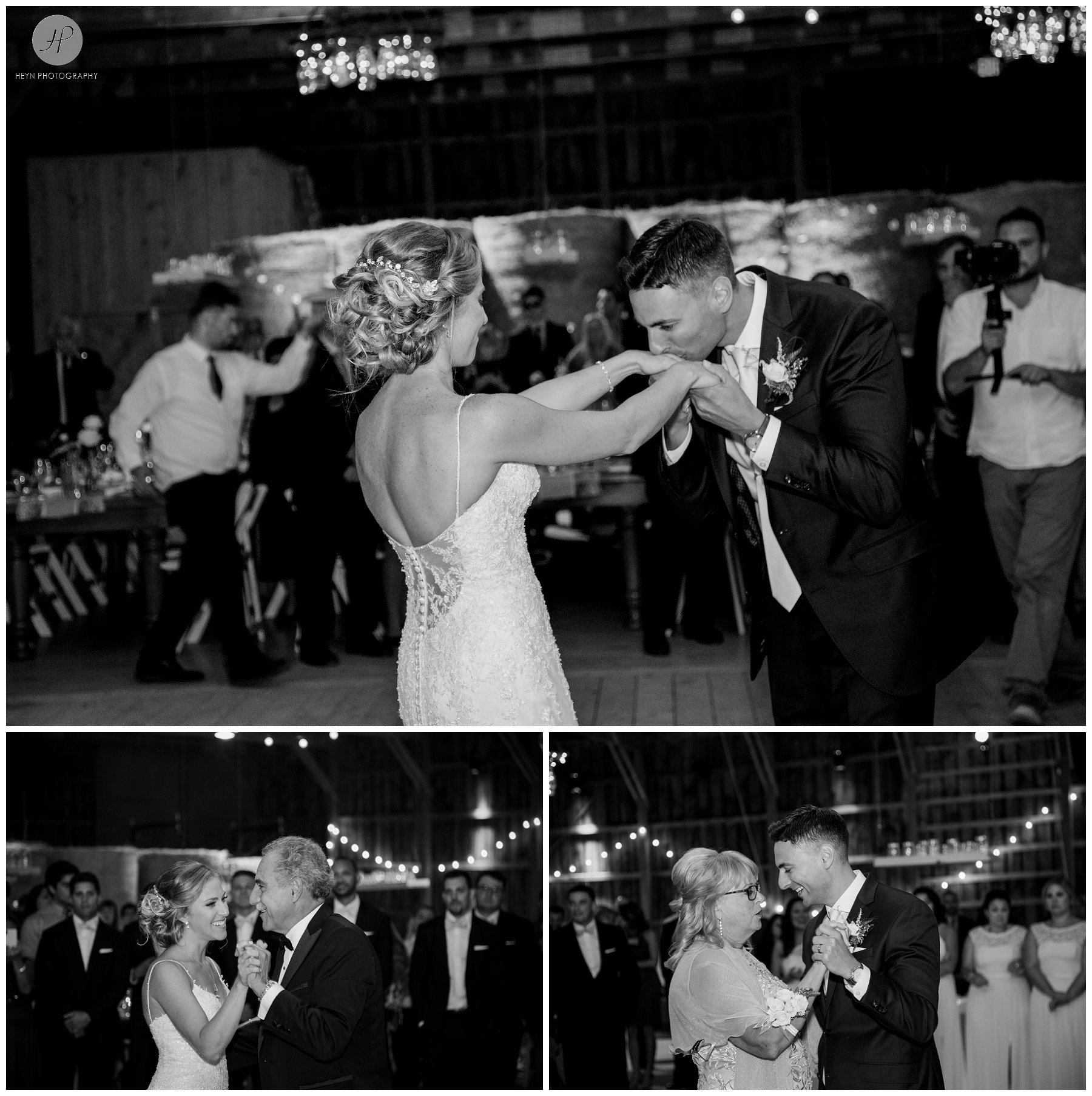 bride and groom first dance at barn reception at stone tavern farm wedding in the catskills new york
