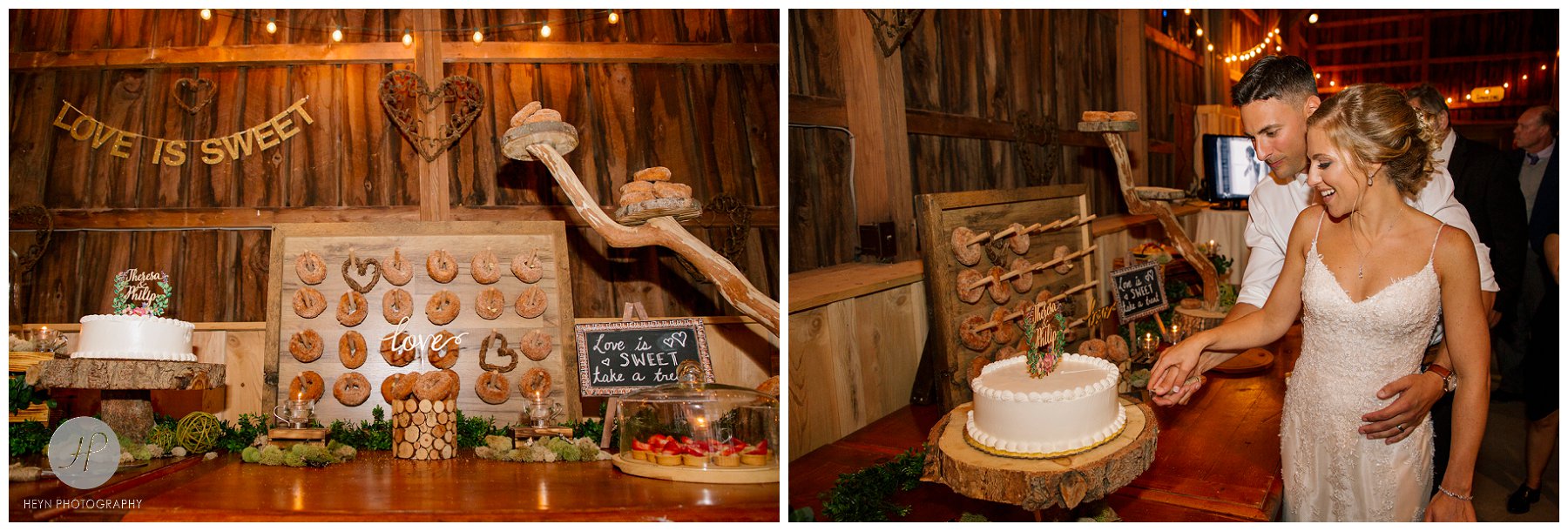 bride and groom cake cutting at barn reception at stone tavern farm wedding in the catskills new york