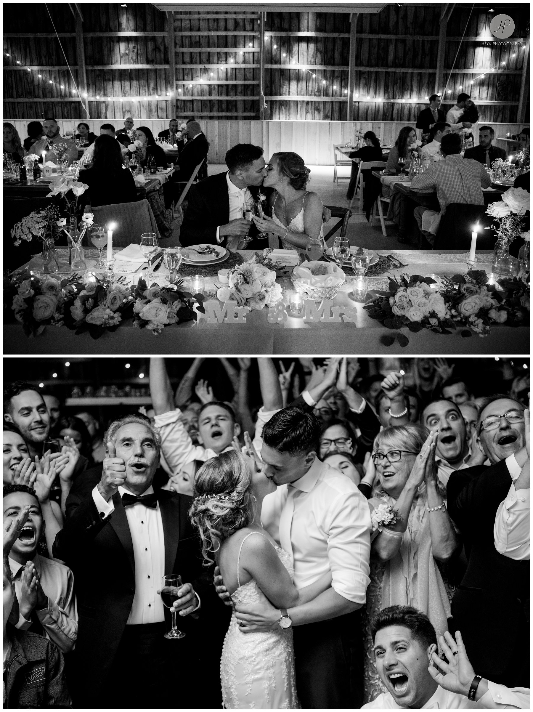 bride and groom at barn reception at stone tavern farm wedding in the catskills new york