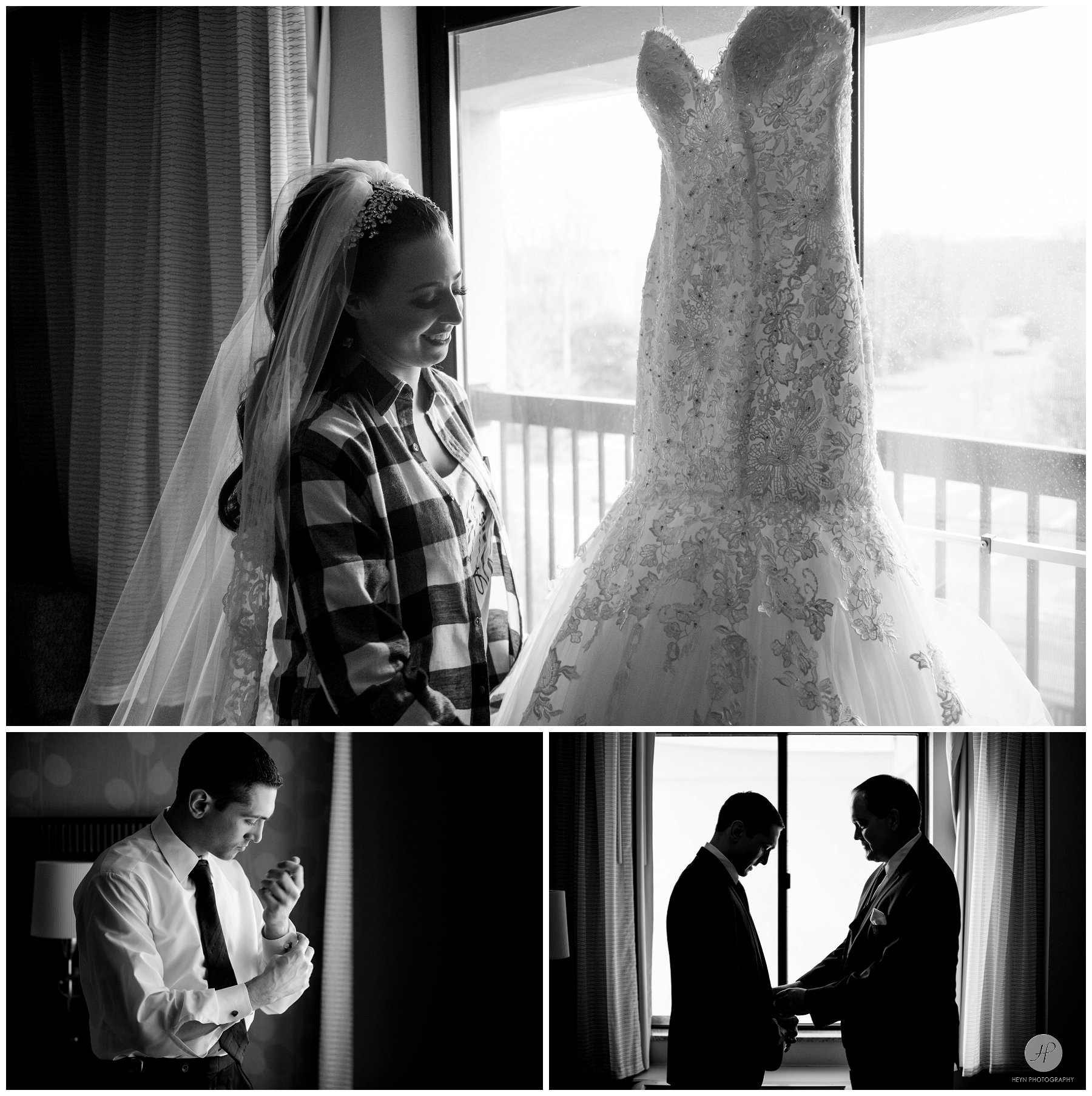 black and white photos of bride and groom getting ready for clarks landing yacht club wedding in NJ
