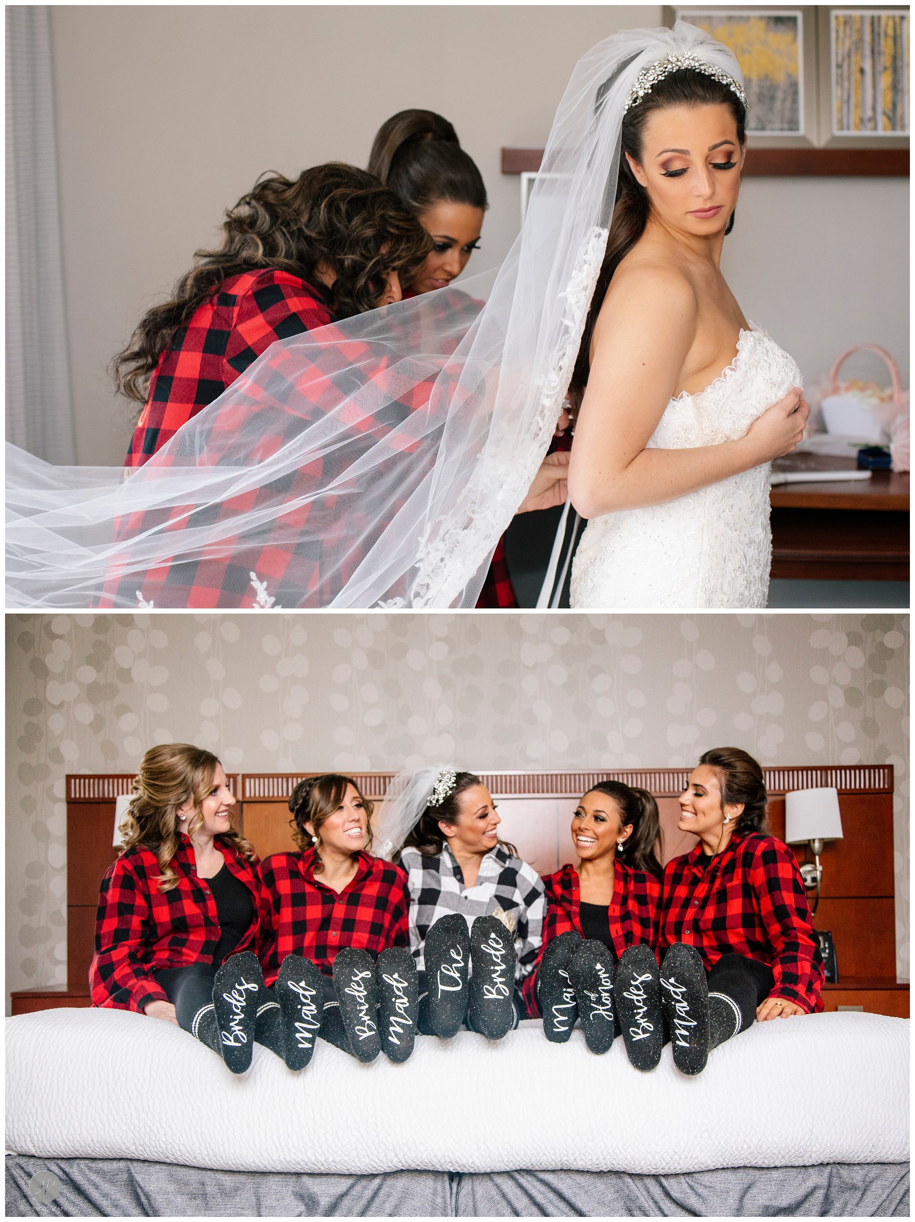 bridesmaids helping bride get ready for clarks landing yacht club wedding in NJ