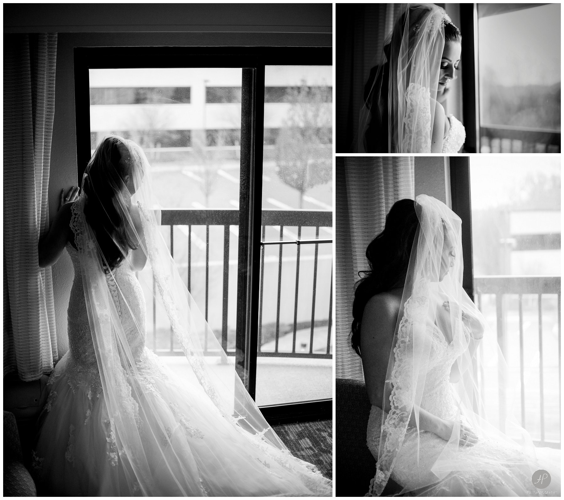 black and white photos of bride getting ready for clarks landing yacht club wedding in NJ