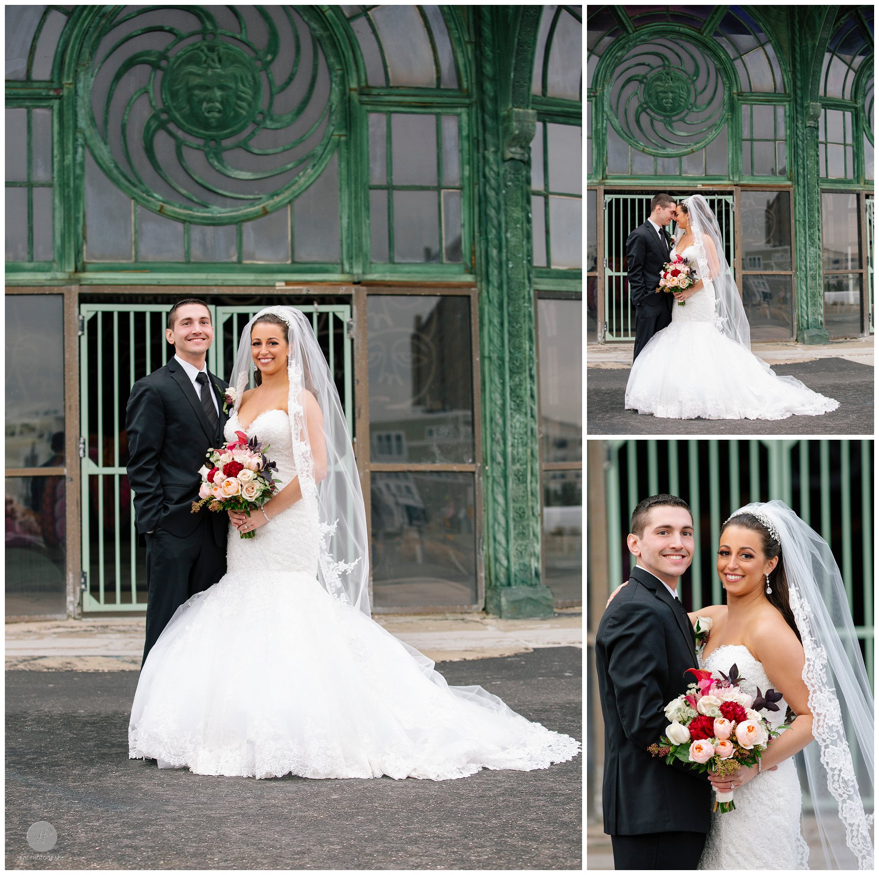 bride and groom in asbury park in front of carousel house before clarks landing yacht club wedding