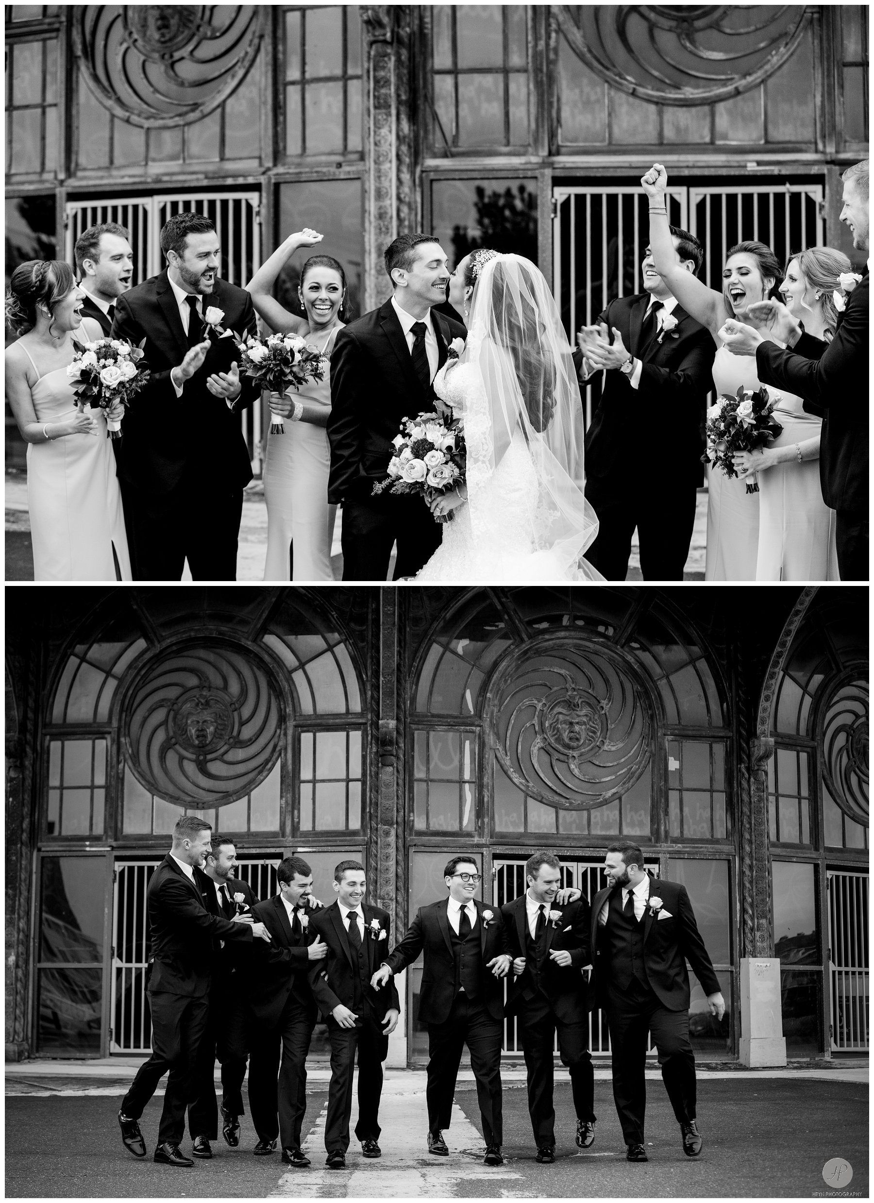 black and white photos of bridal party in asbury park in front of carousel house before clarks landing yacht club wedding