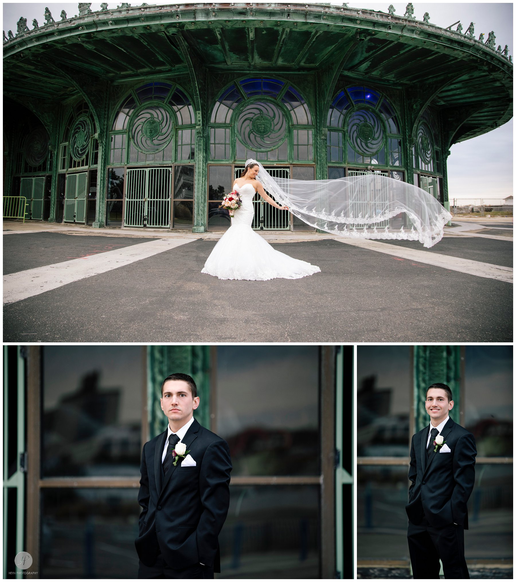 bride and groom in front of asbury park carousel house before clarks landing yacht club wedding