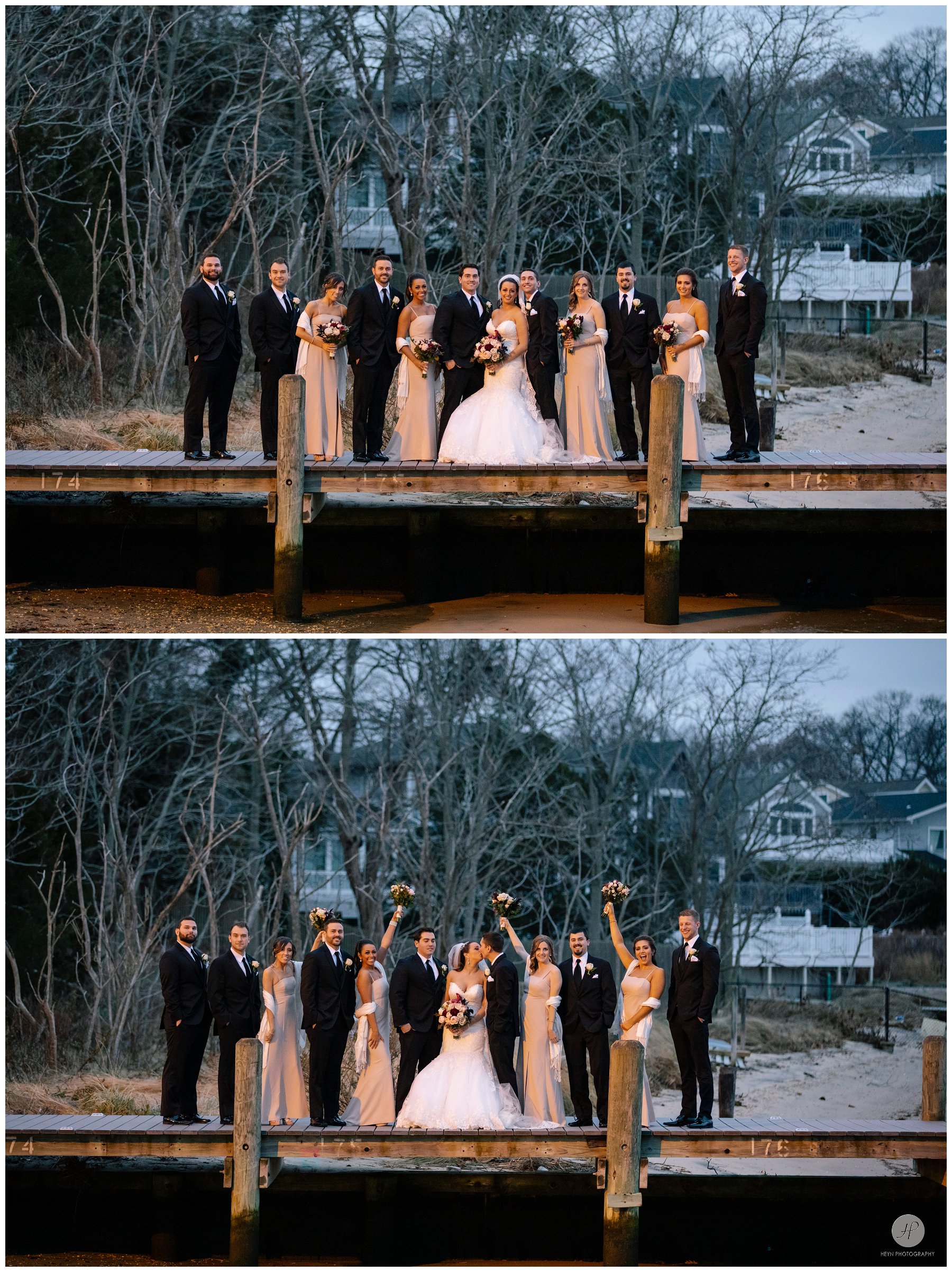 bridal party on dock at night at clarks landing yacht club wedding