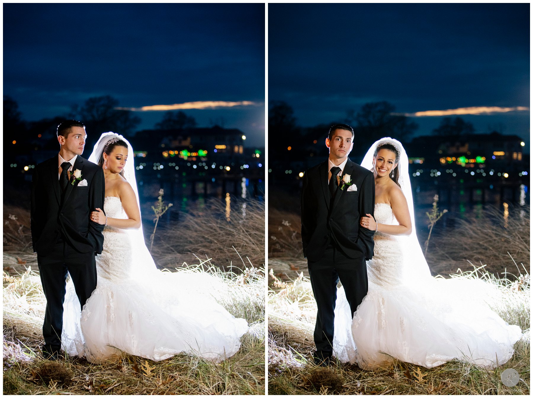 bride and groom at night at clarks landing yacht club wedding