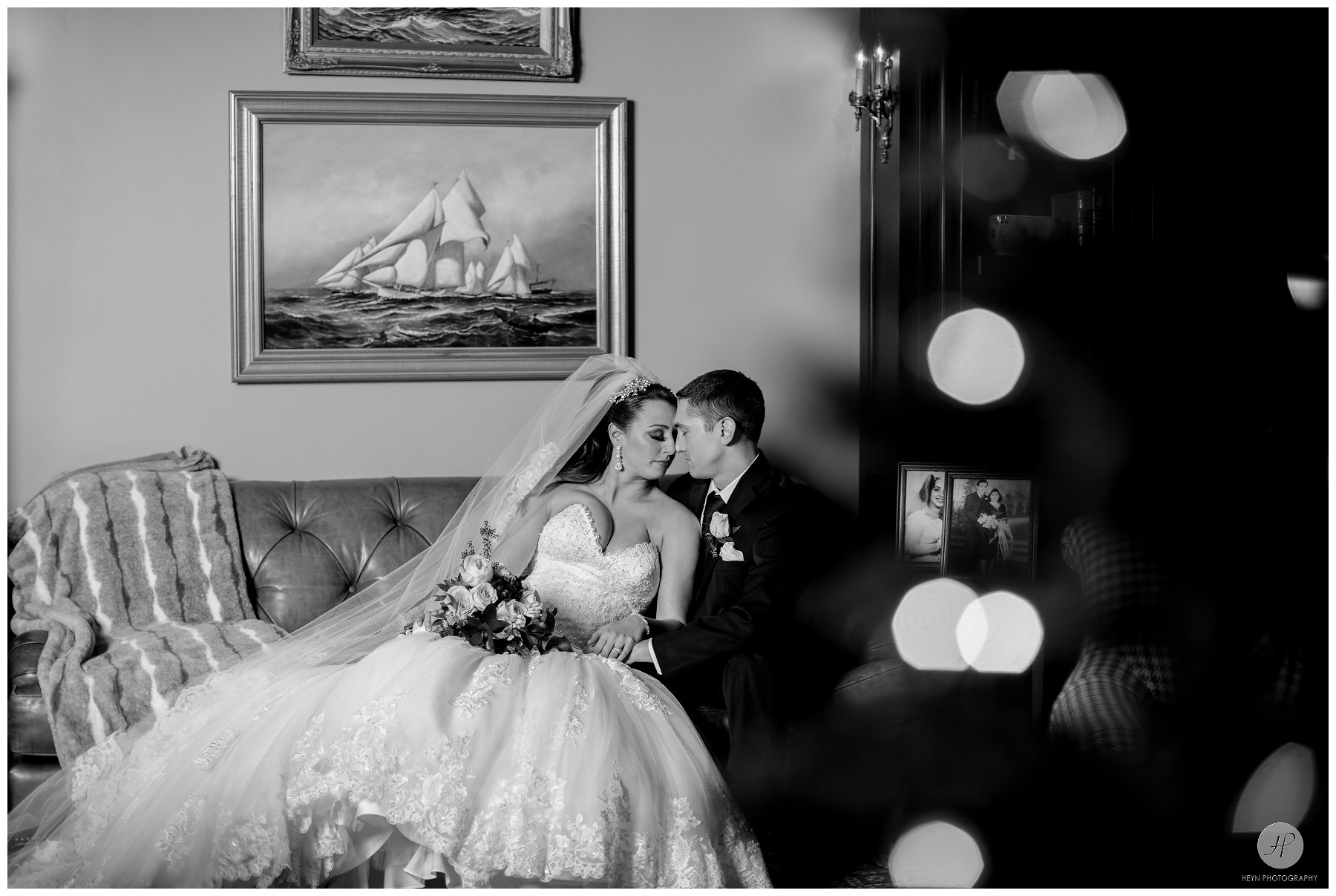 classic black and white photo of bride and groom at clarks landing yacht club wedding