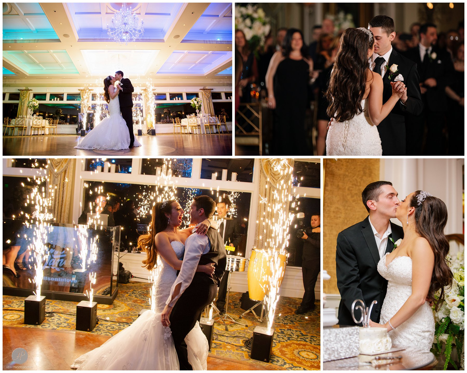bride and groom dancing and cutting cake at clarks landing yacht club wedding
