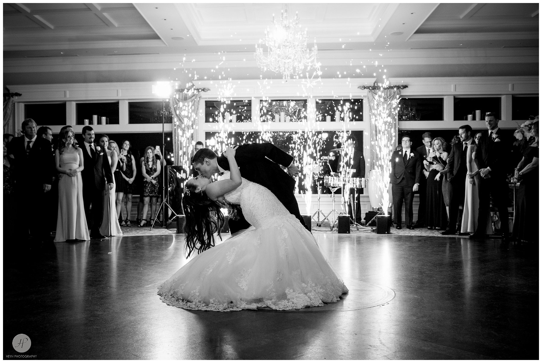 black and white photo of bride and grooms first dance at clarks landing yacht club wedding