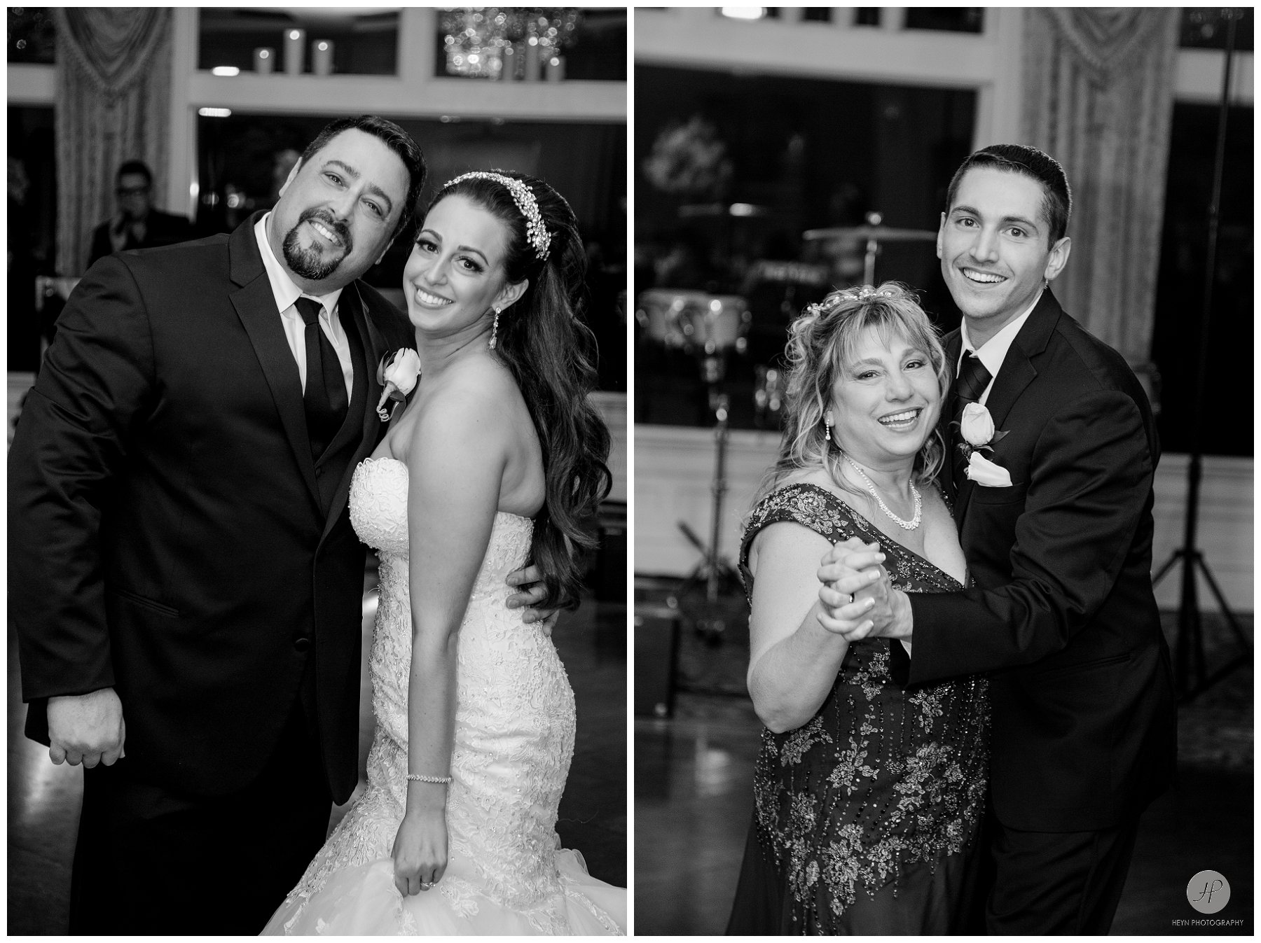 black and white photos of bride and groom with family at clarks landing yacht club wedding