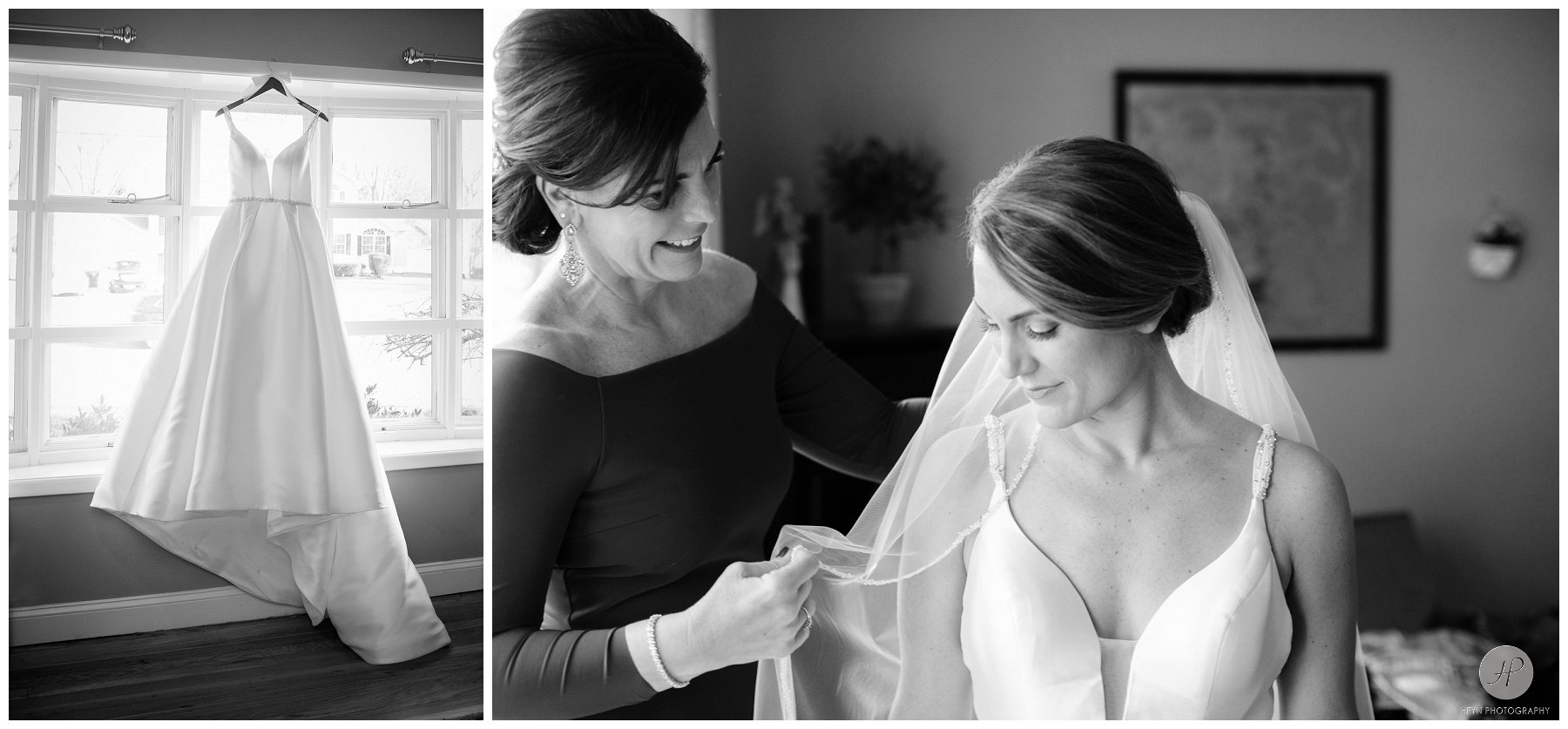 bride and mother getting ready for clarks landing yacht club wedding