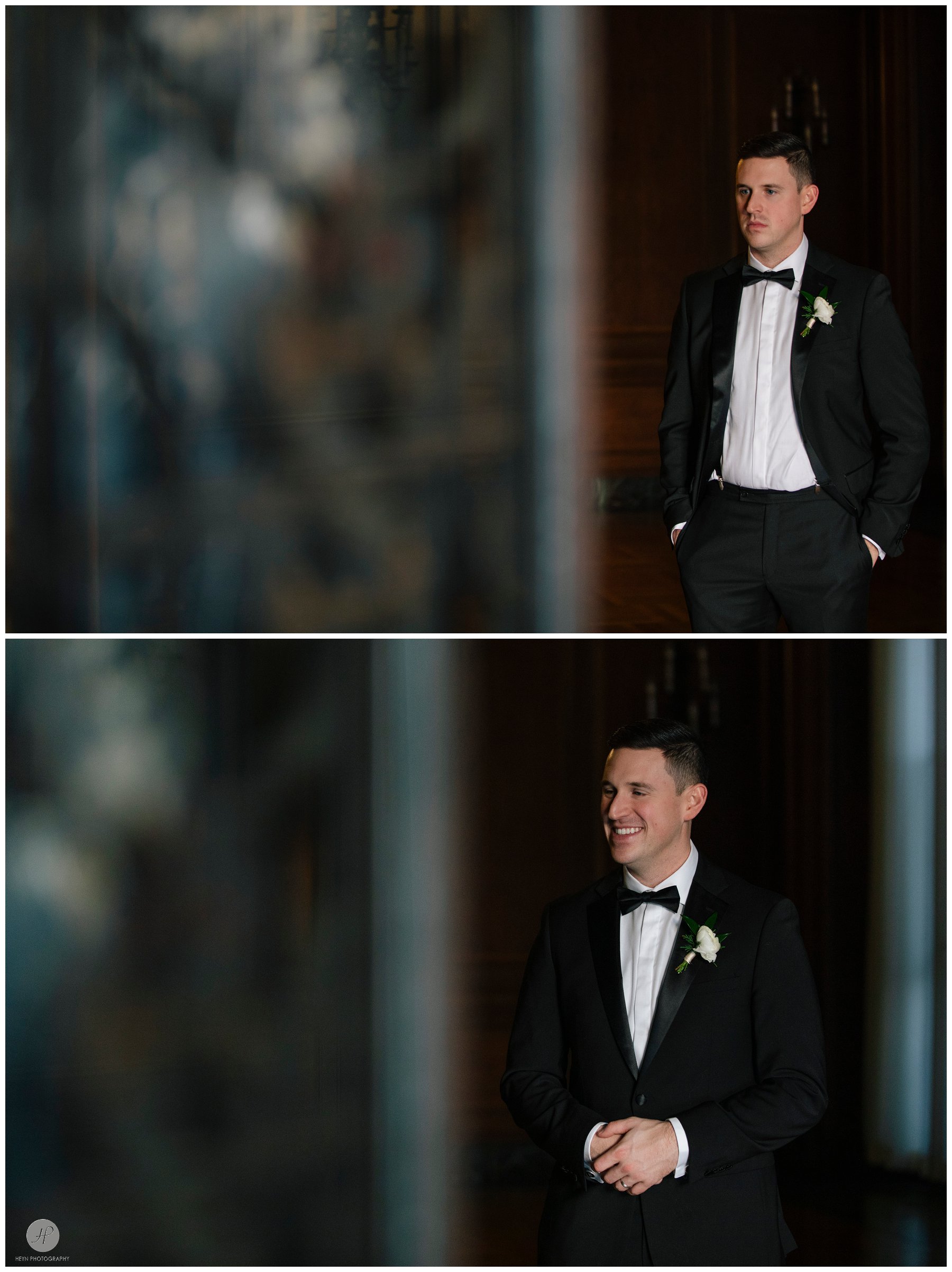 portraits of groom at clarks landing yacht club wedding