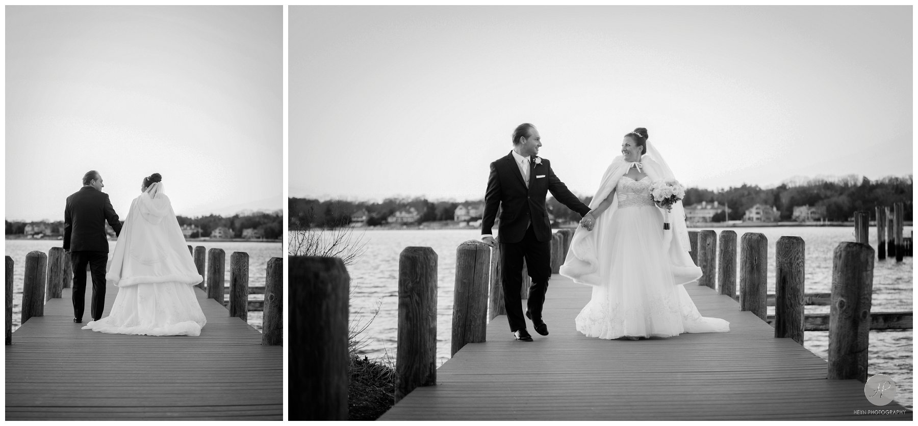 black and white photos of bride and groom on dock at clarks landing yacht club