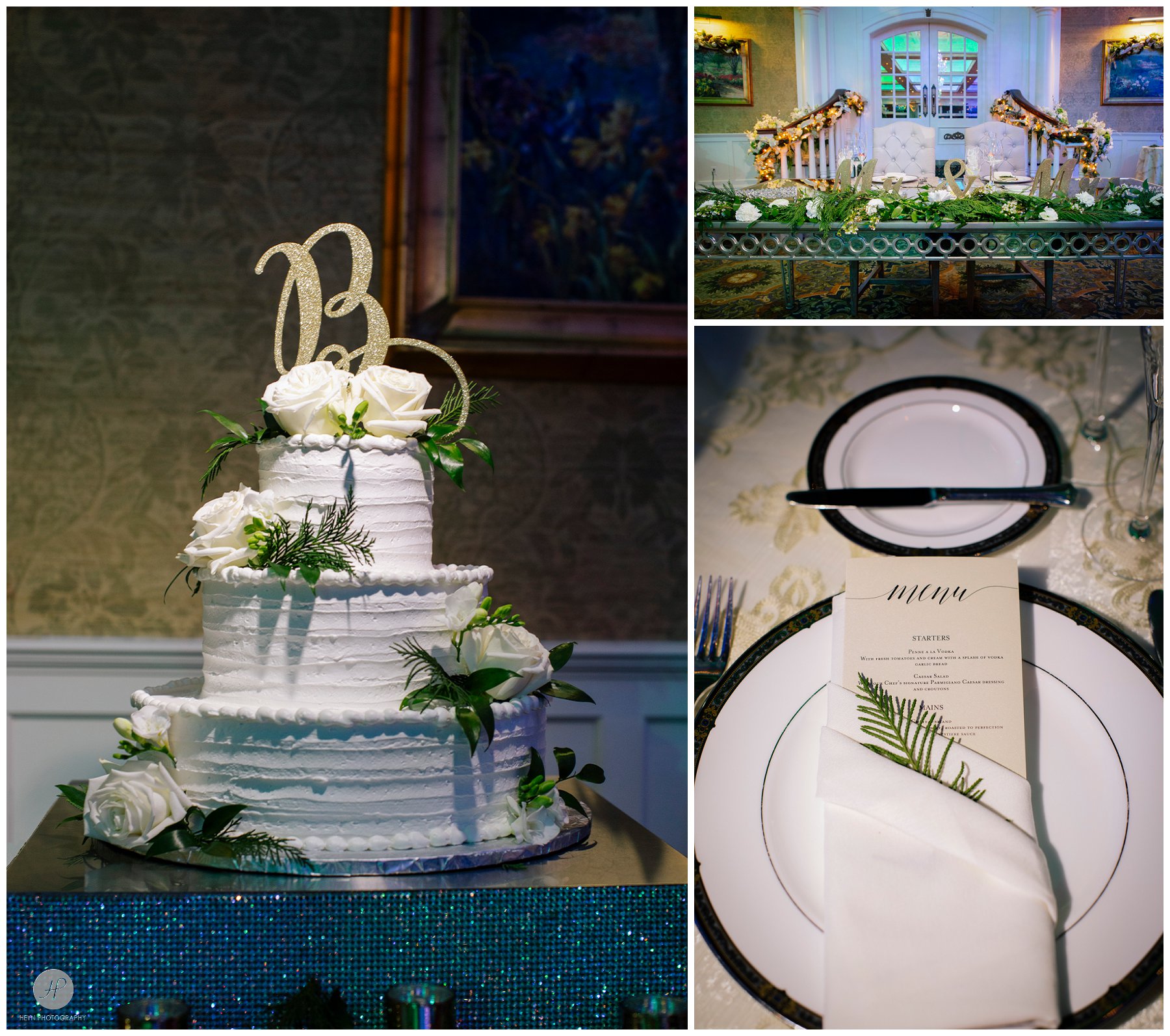 reception details and wedding cake at clarks landing yacht club wedding