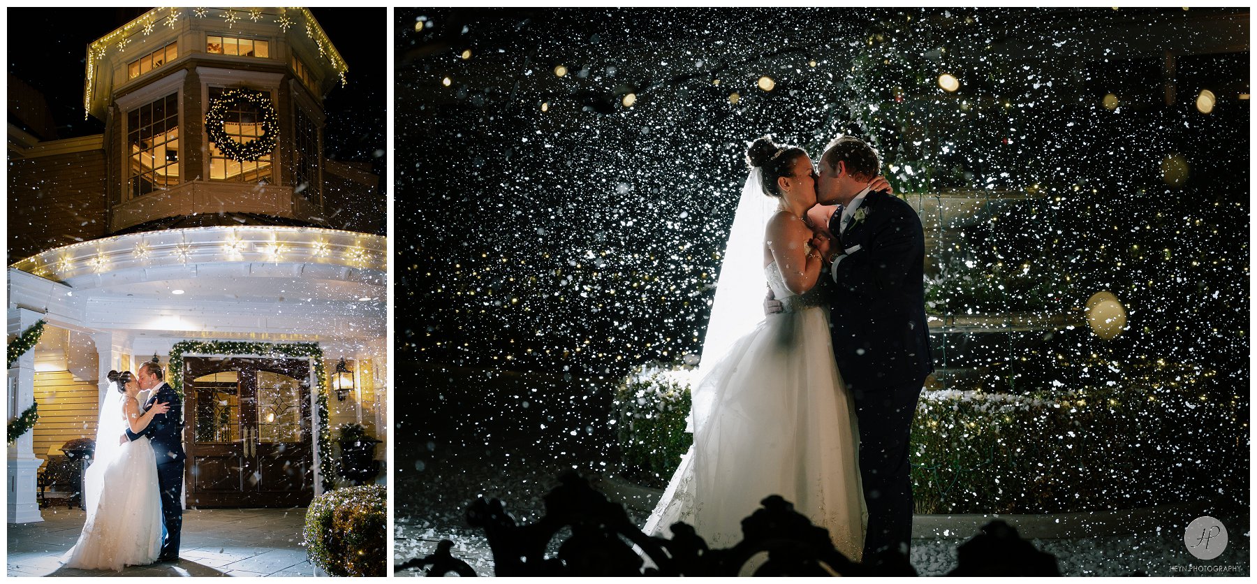 outdoor bride and groom snow at clarks landing yacht club