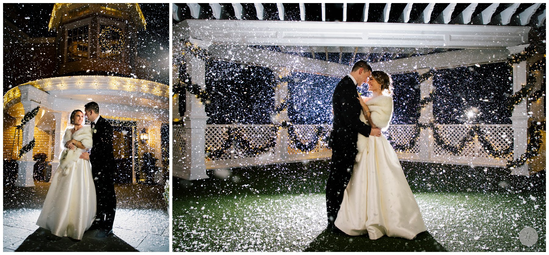 outdoor night photos of bride and groom in the snow at clarks landing yacht club wedding