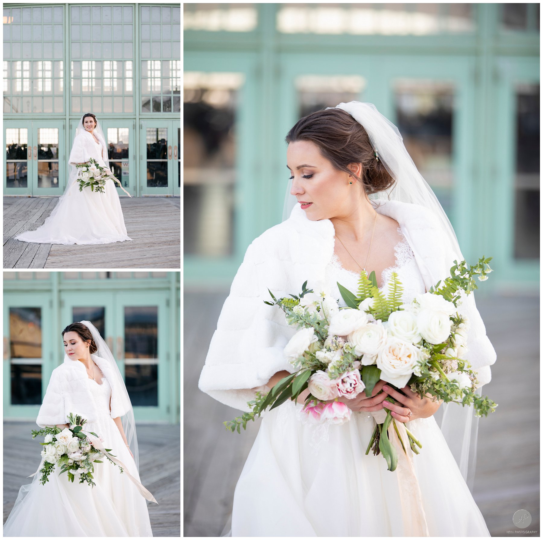 wedding photos of bride outside convention hall in asbury park nj