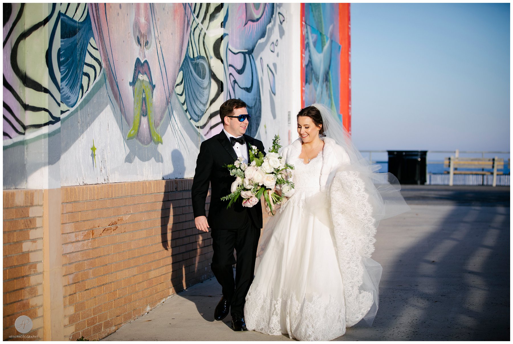 wedding photos of bride and groom outside in asbury park nj