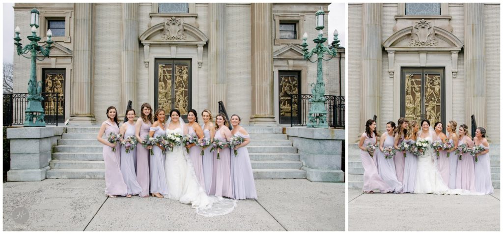 bride and bridesmaids outside church