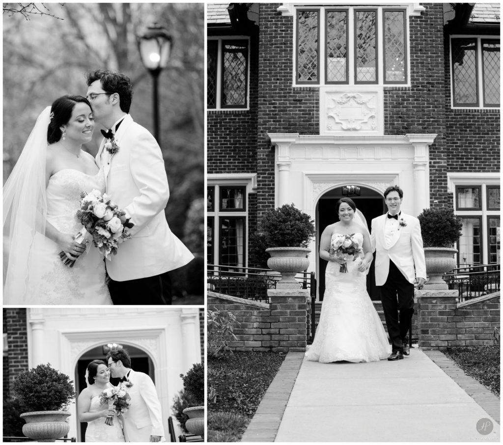 black and white bride and groom romantic photos outside theater