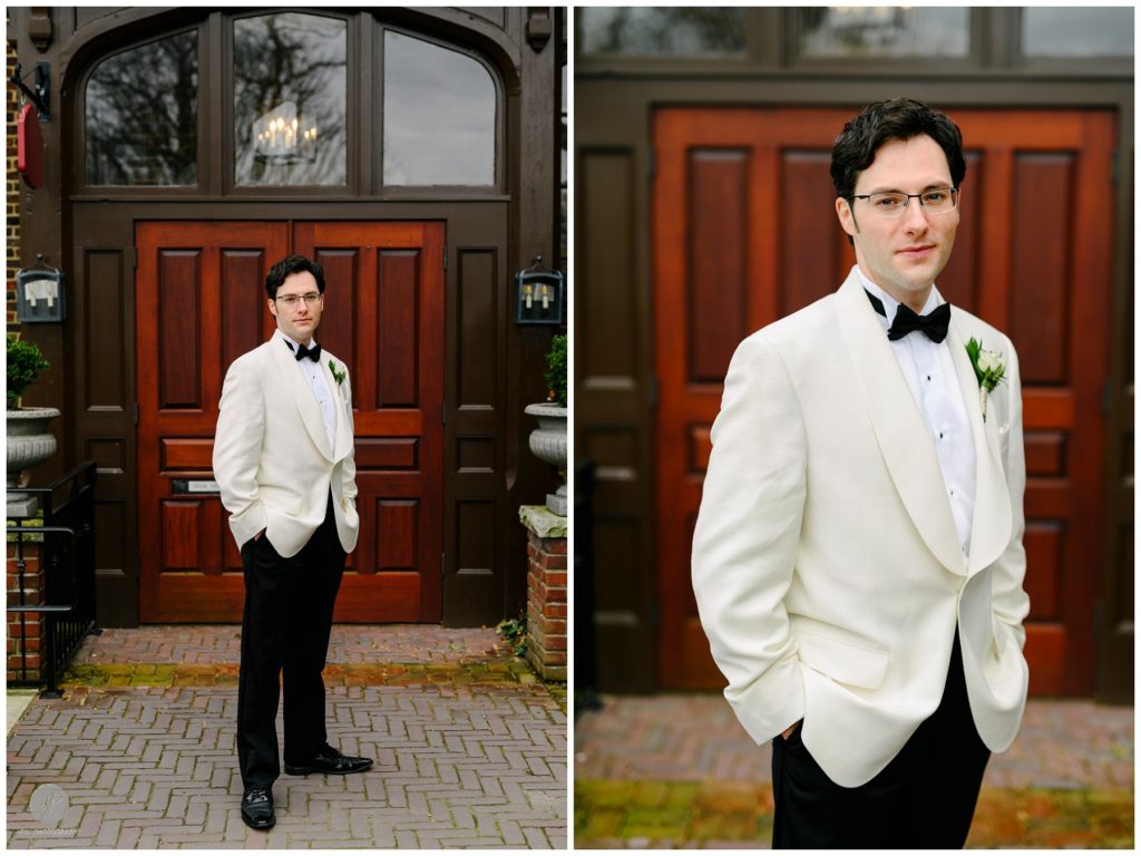 portraits of groom outside theater