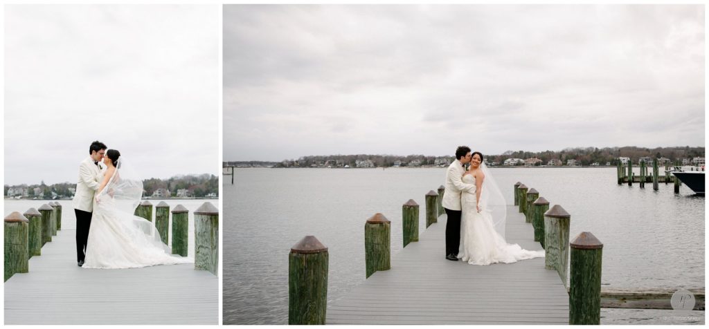 romantic photos of bride and groom on dock