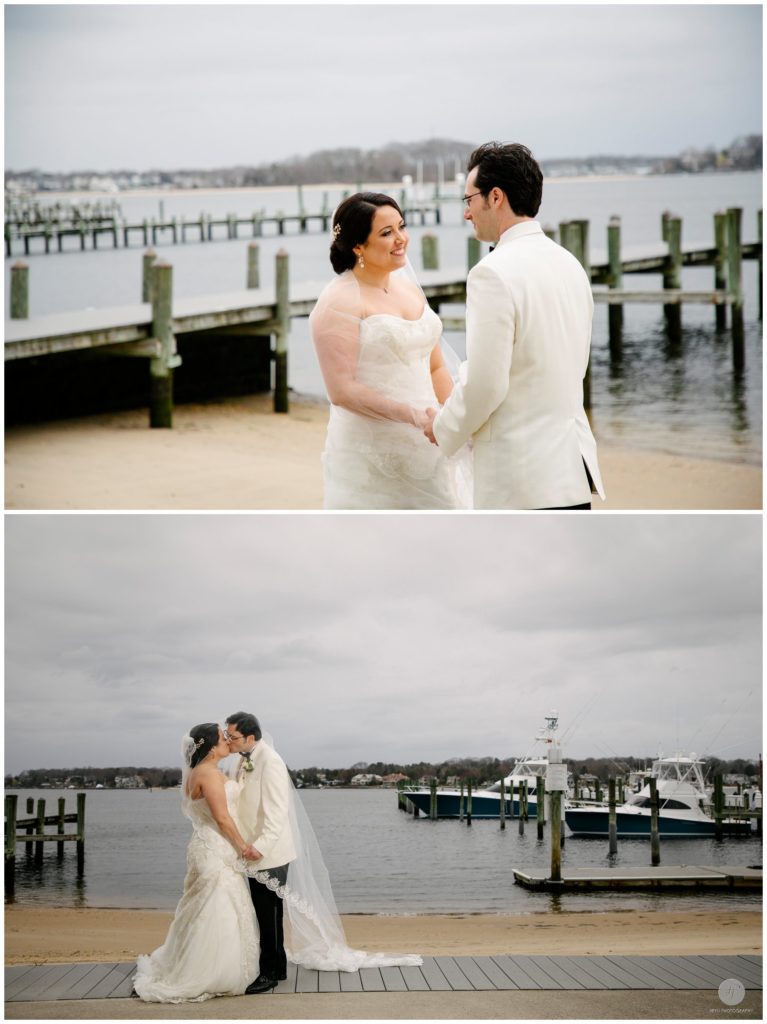 bride and groom waterfront photos at clarks landing yacht club