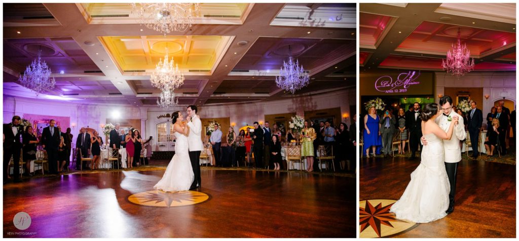 bride and groom first dance ballroom at clarks landing