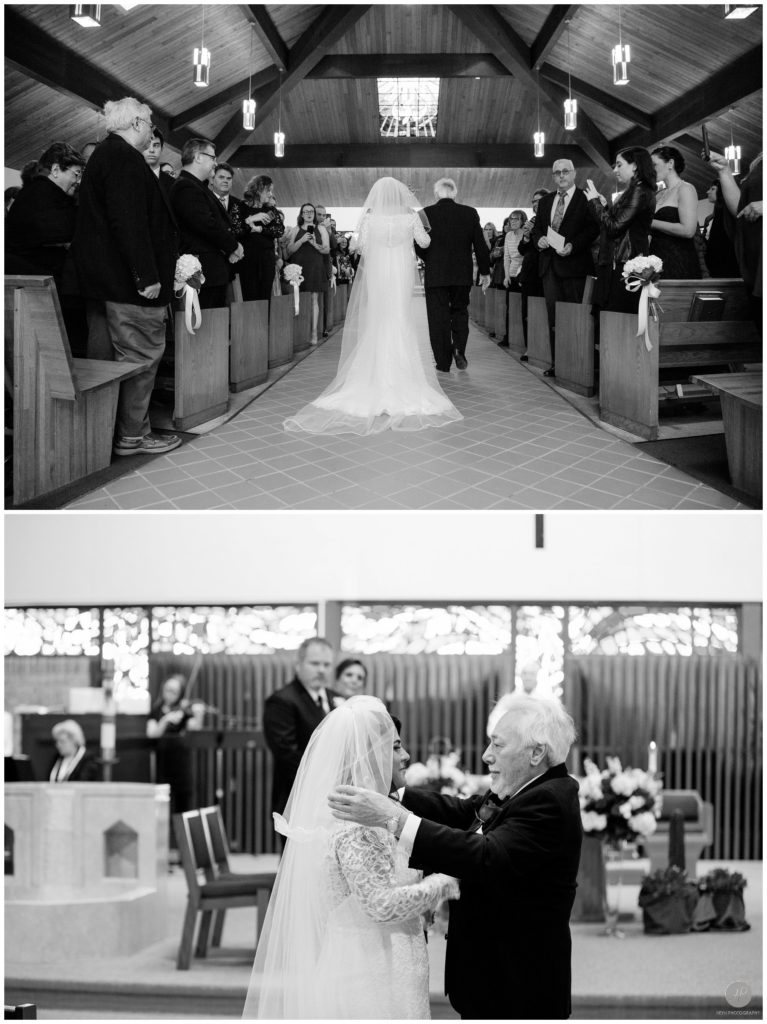 black and white photos of bride walking down the aisle